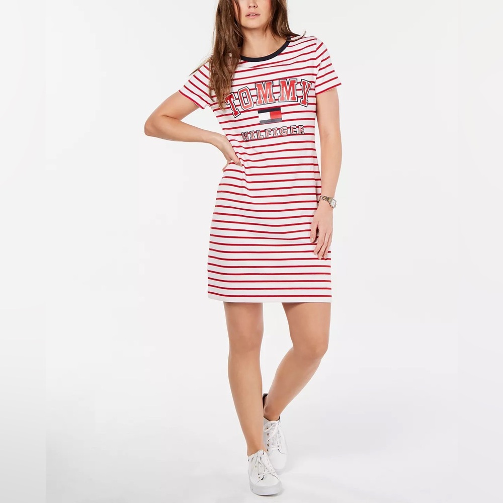 Tommy Hilfiger white and red Striped Logo T-Shirt Dress. Sz. M
